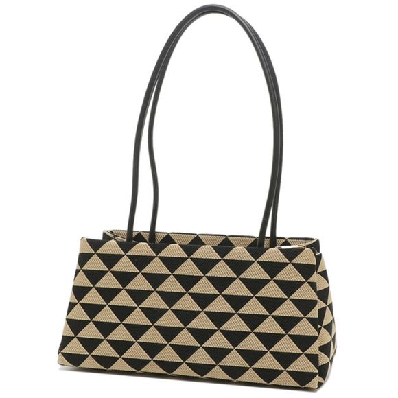 Prada Triangle Jacquard Polyester Leather Black Beige Shoulder Bag - Picture 5 of 6